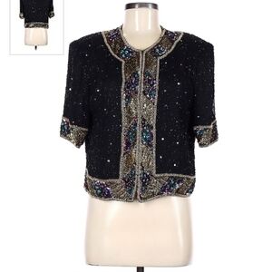 Brilliante Silk Beaded Sequin Jacket Black Hook Eye Dressy Women's Medium M EUC